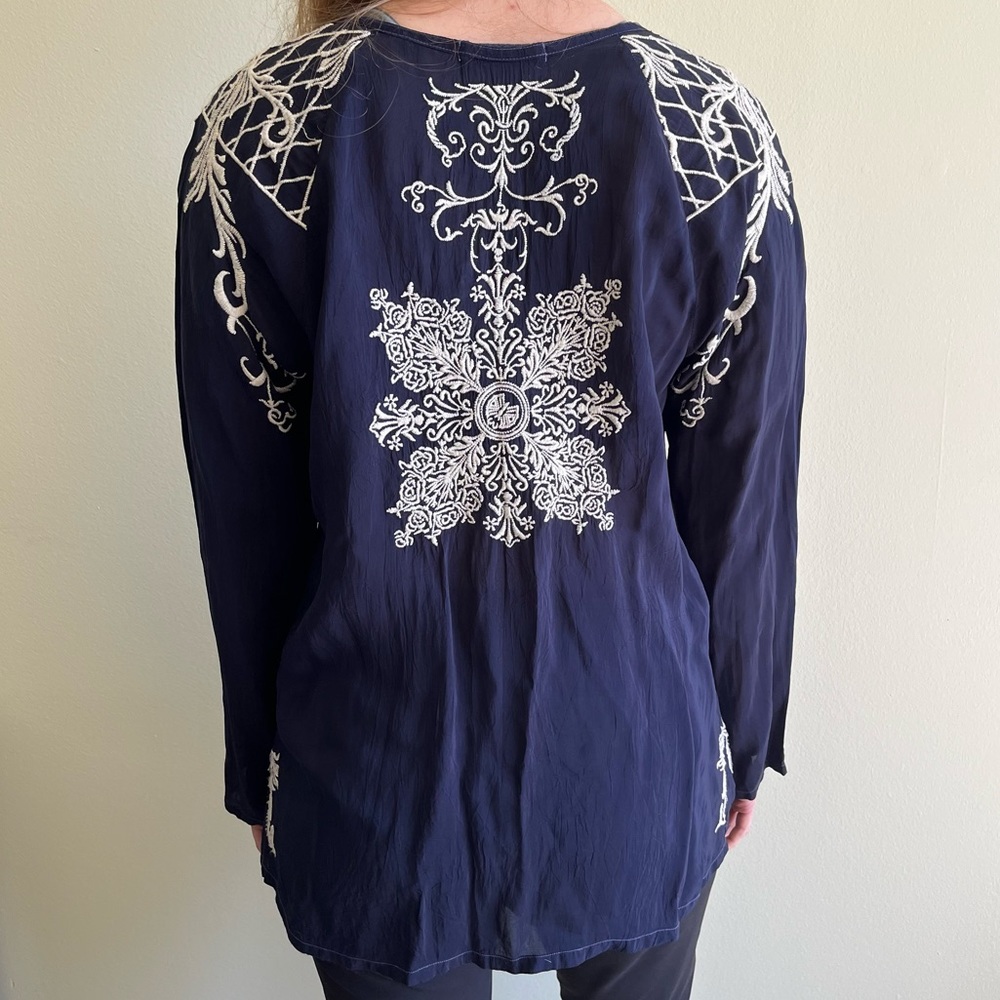 Johnny Was Navy Blue Embroidered Blouse - Picture 2 of 10